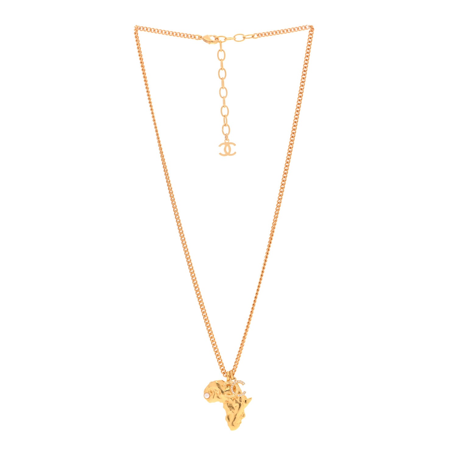 Chanel Crystal Pearl CC Africa Pendant Necklace Gold White 3 of 5