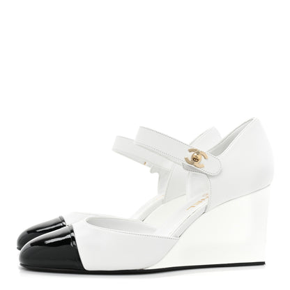 Chanel Lambskin Patent Cap Toe Mary Jane Wedge Pumps 41 White Black 3 of 14