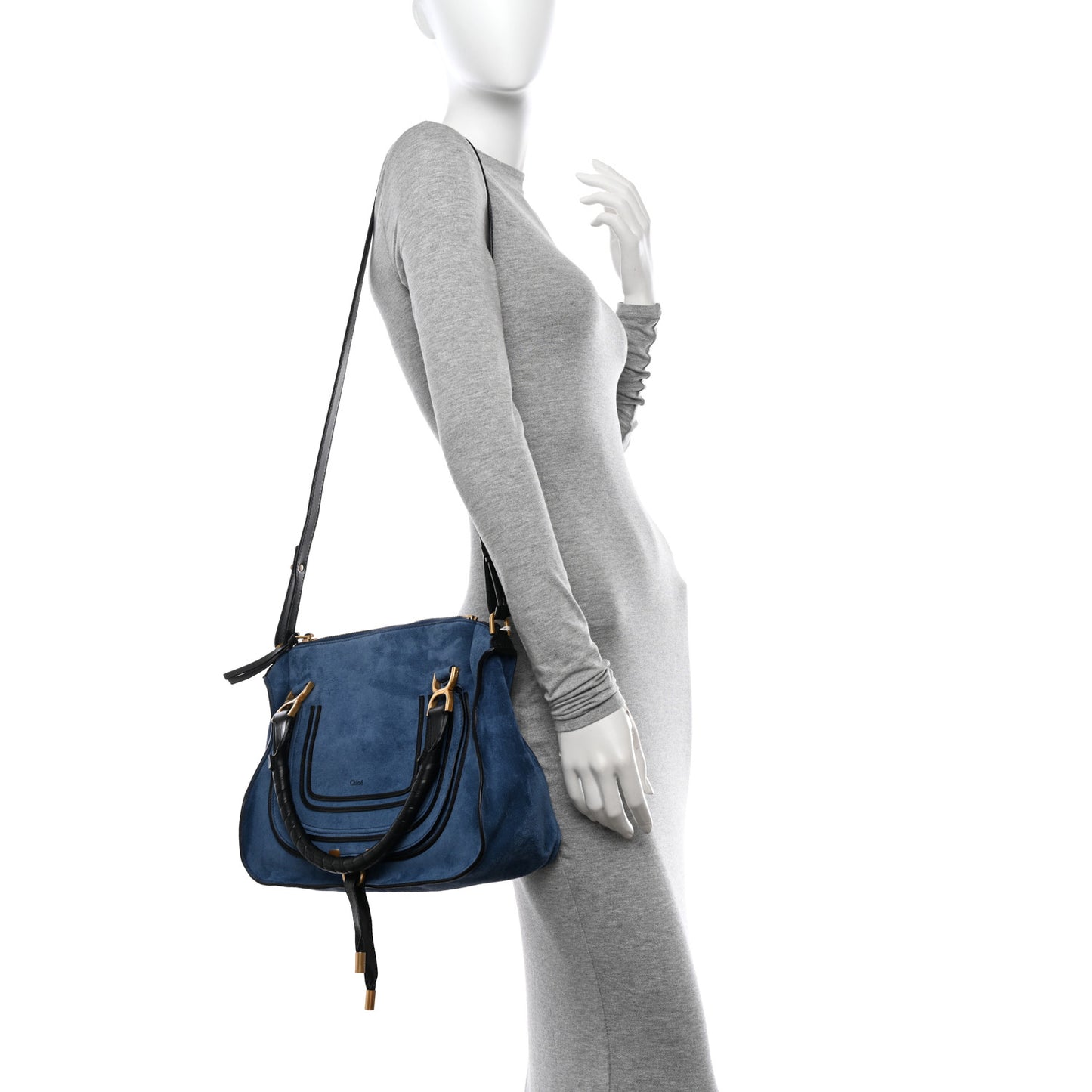 Suede Calfskin Braided Medium Marcie Double Carry Deep Denim