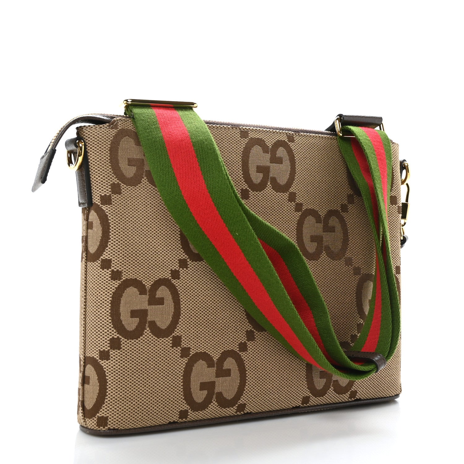Gucci Monogram Jumbo GG Textured Dollar Calfskin Web Wristlet Messenger Bag Camel Ebony New Acero 3 of 9