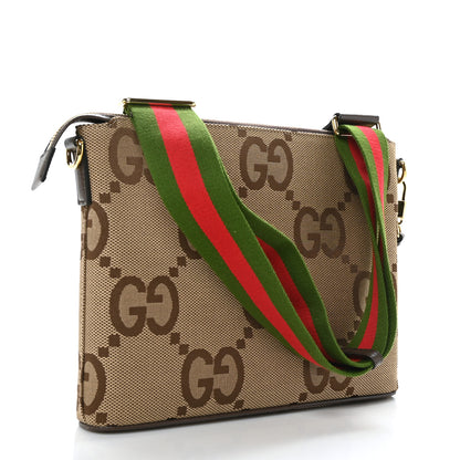 Gucci Monogram Jumbo GG Textured Dollar Calfskin Web Wristlet Messenger Bag Camel Ebony New Acero 3 of 9