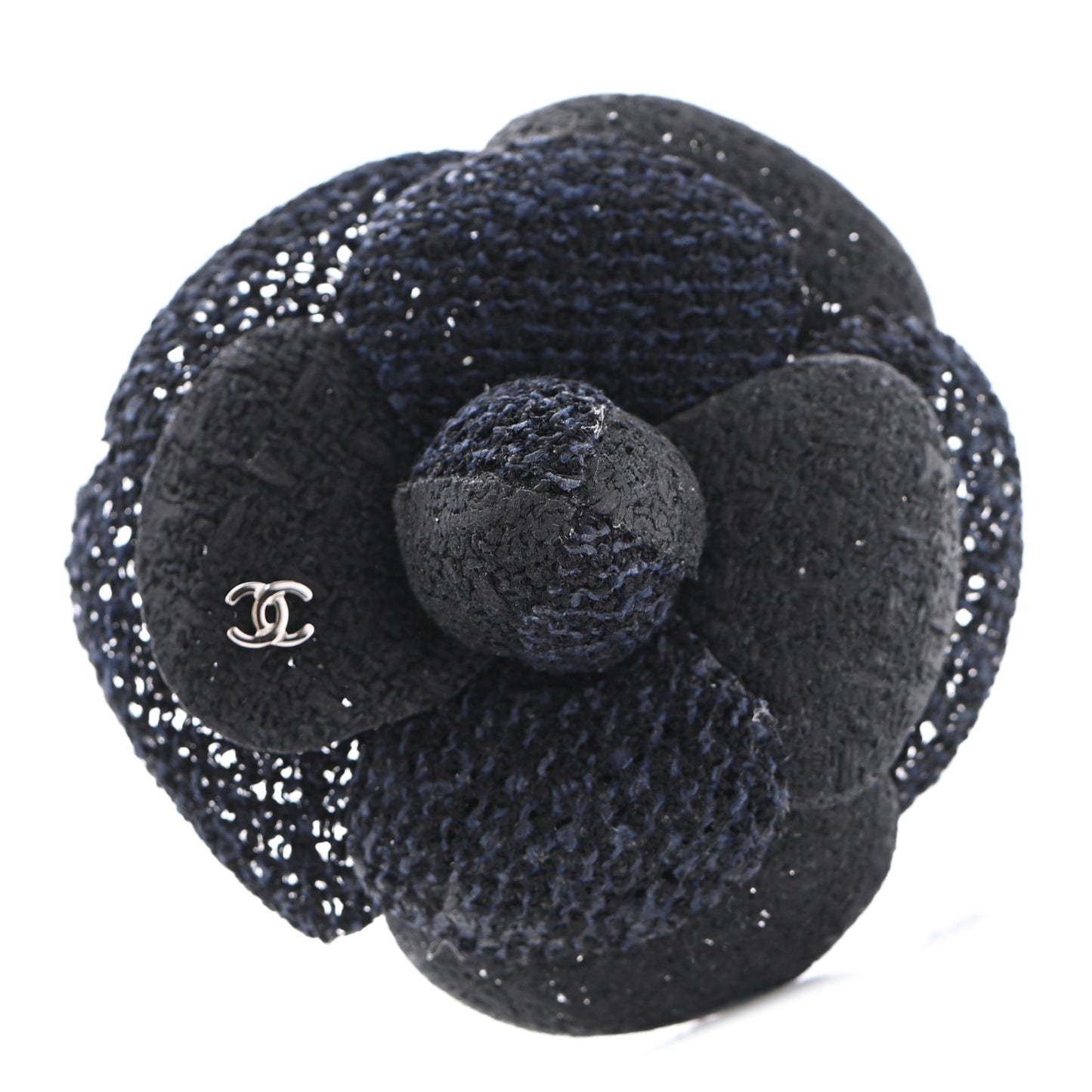 Tweed Camellia Pin Brooch Navy Blue