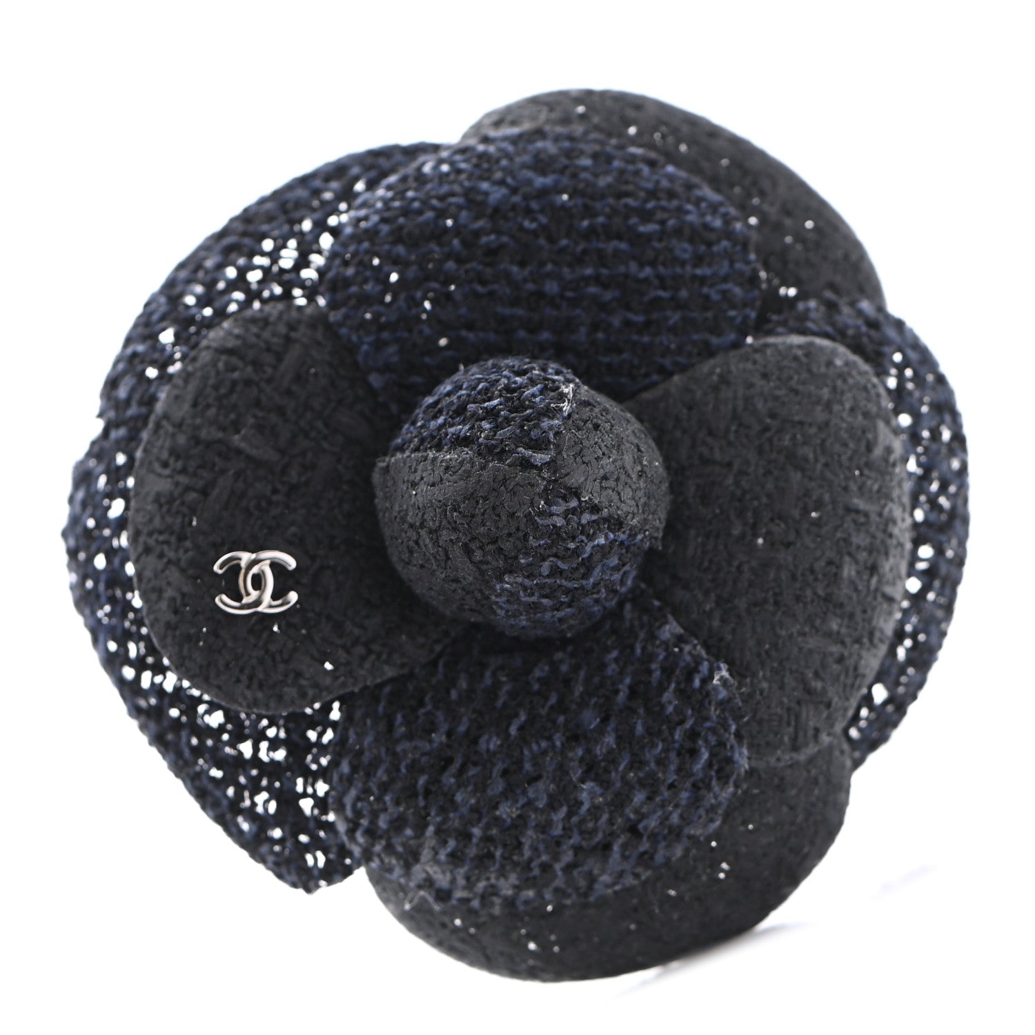 Chanel Tweed Camellia Pin Brooch Navy Blue 1 of 4