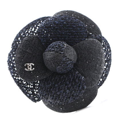Chanel Tweed Camellia Pin Brooch Navy Blue 1 of 4