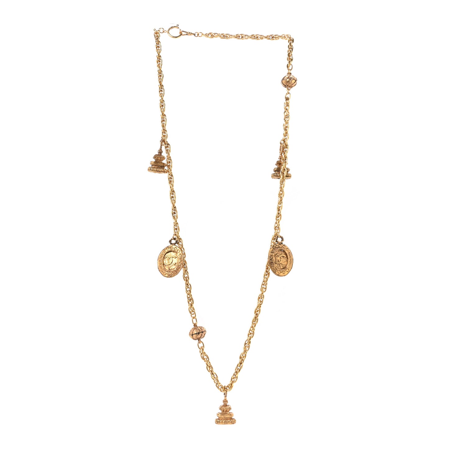 Metal CC Medallion Charm Long Necklace Gold