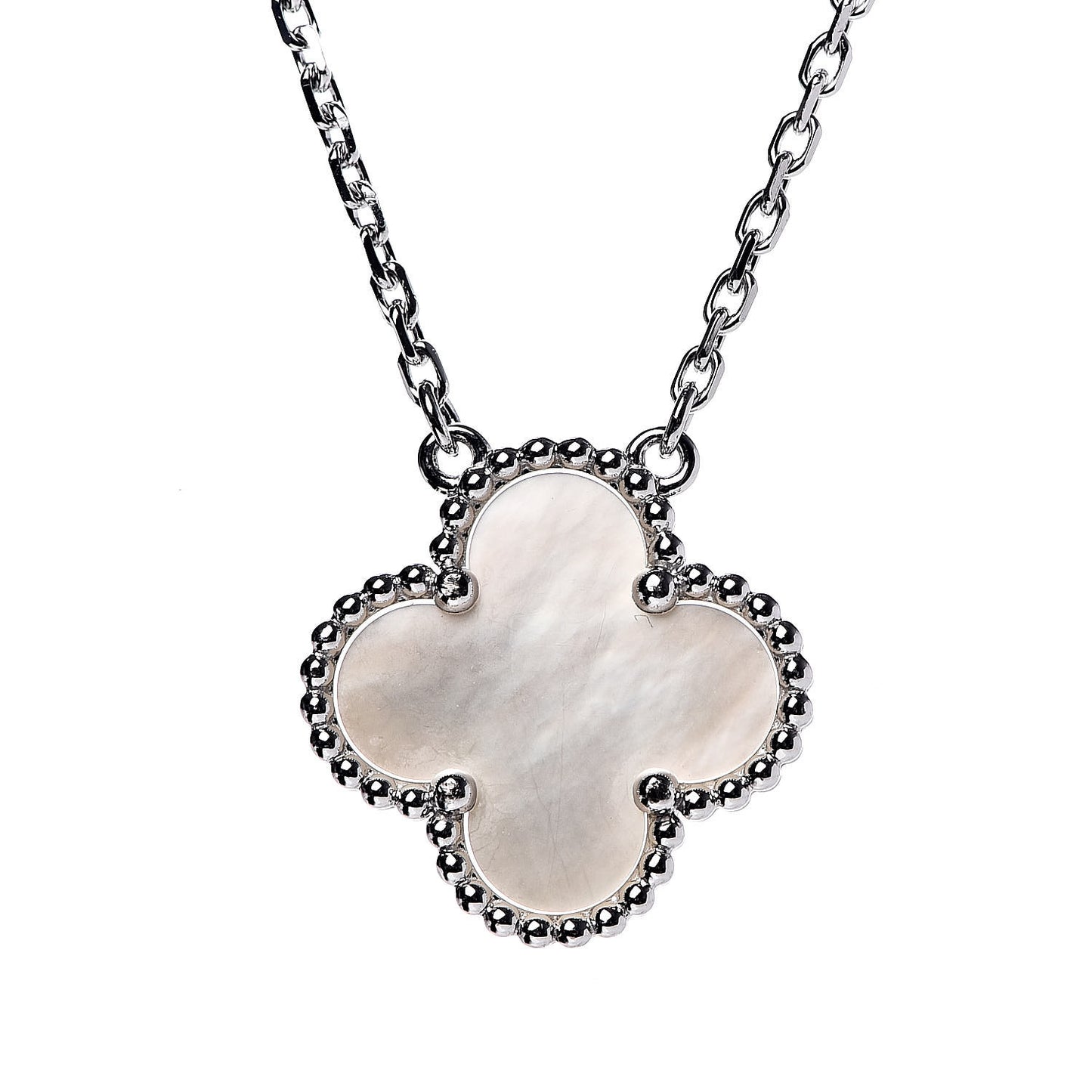 18K White Gold Mother of Pearl Vintage Alhambra Pendant Necklace