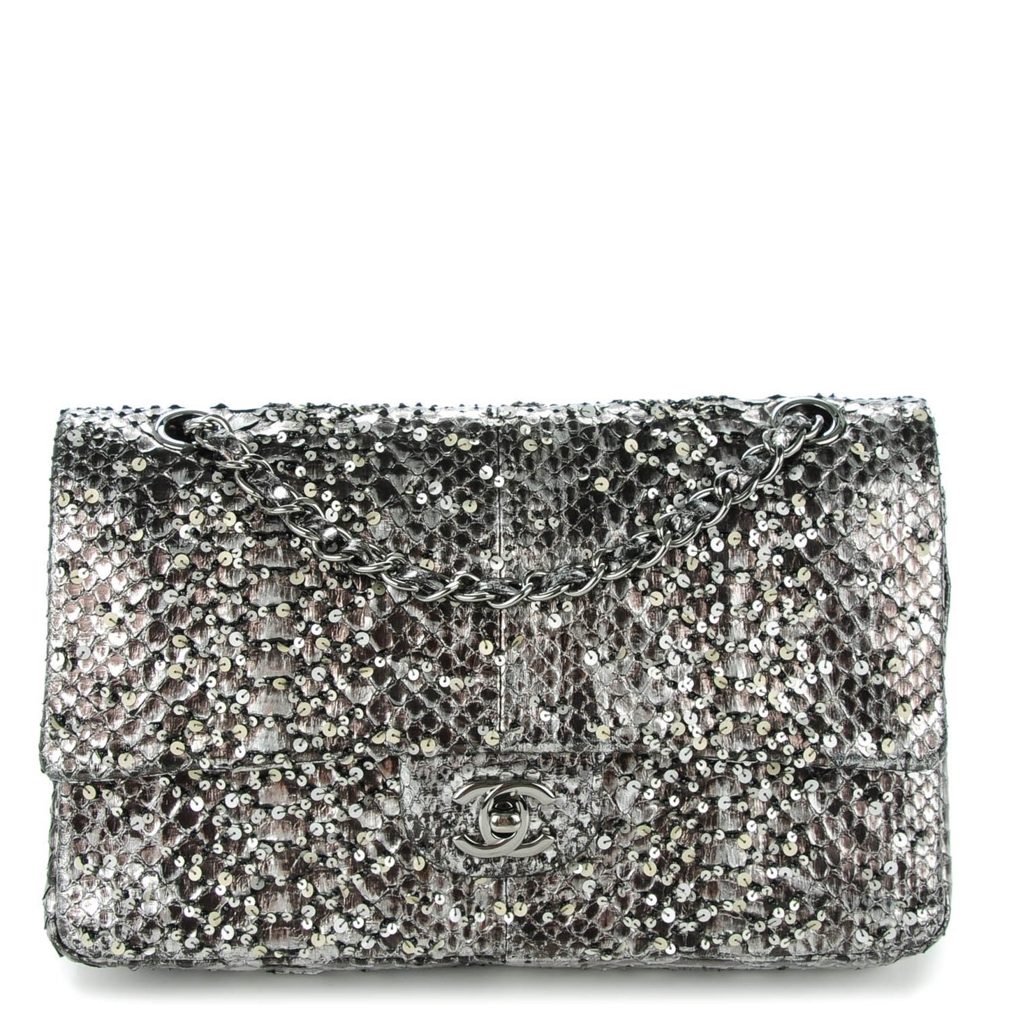 Metallic Python Sequin Medium Double Flap SIlver