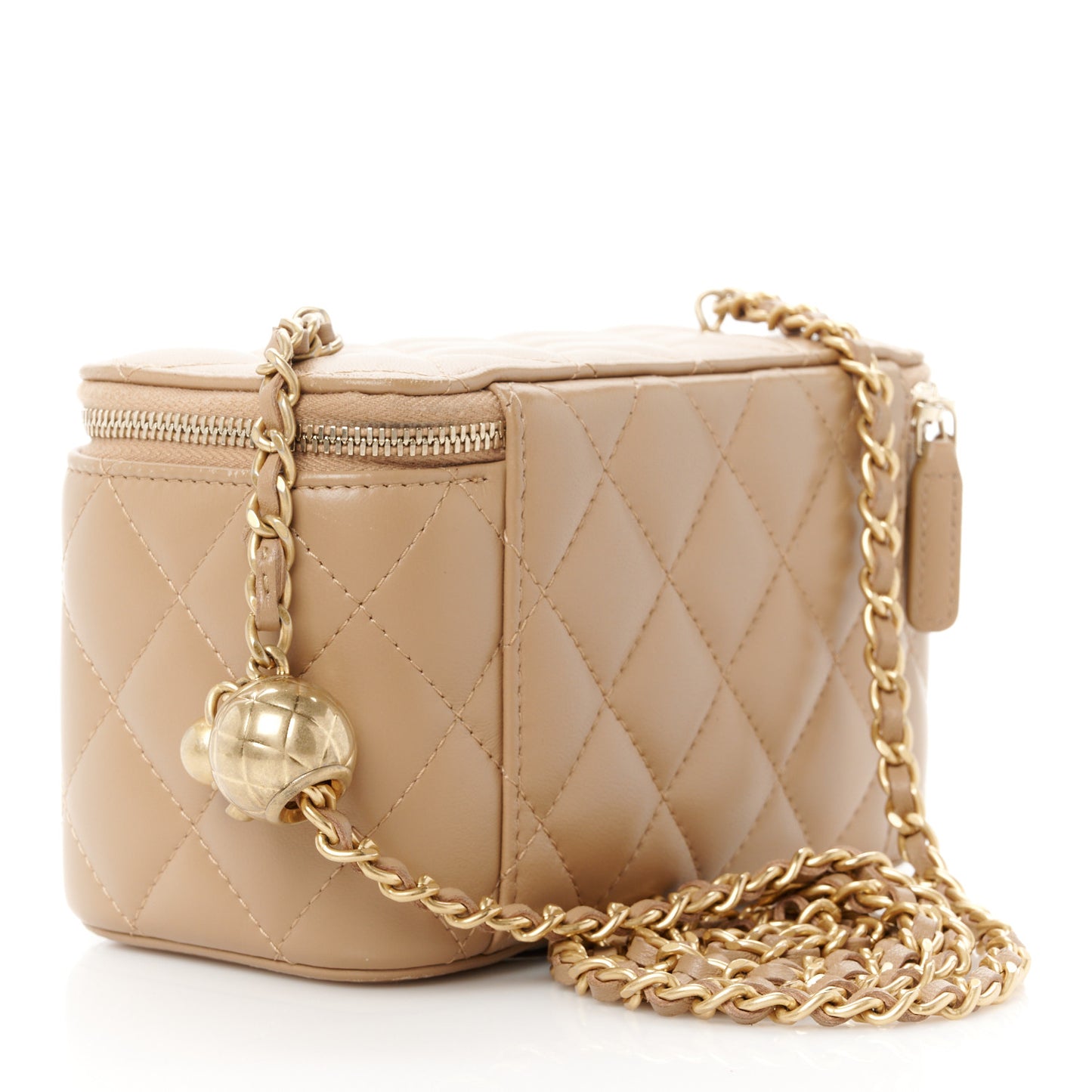 Lambskin Quilted Pearl Crush Small Vanity Case With Chain Beige