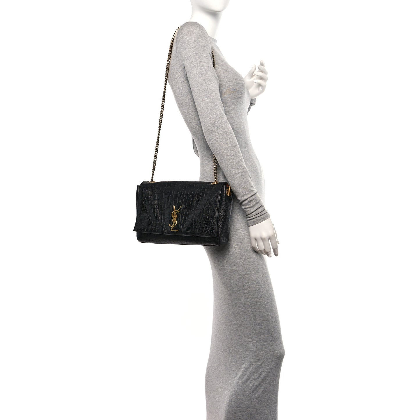 Calfskin Crocodile Embossed Suede Medium Reversible Monogram Kate Satchel Military Taupe
