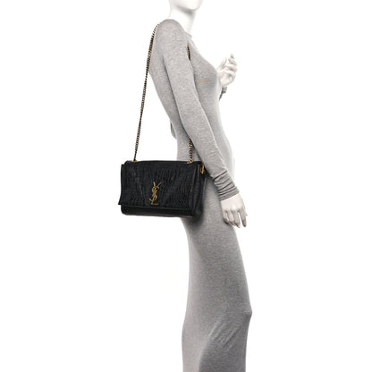 Saint Laurent Calfskin Crocodile Embossed Suede Medium Reversible Monogram Kate Satchel Military Taupe 2 of 10