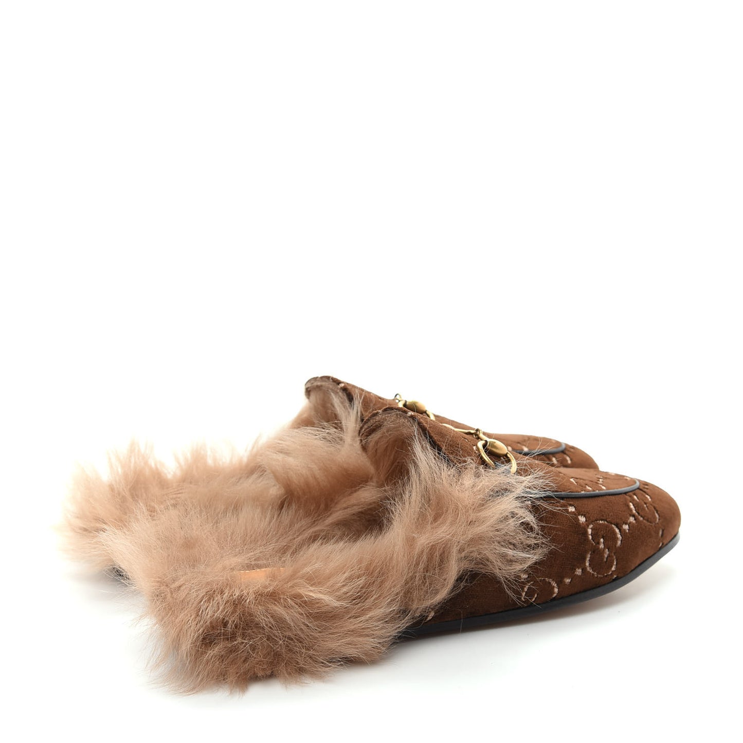 Velvet GG Monogram Fur Womens Princetown Slippers 37 Brown Black Natural