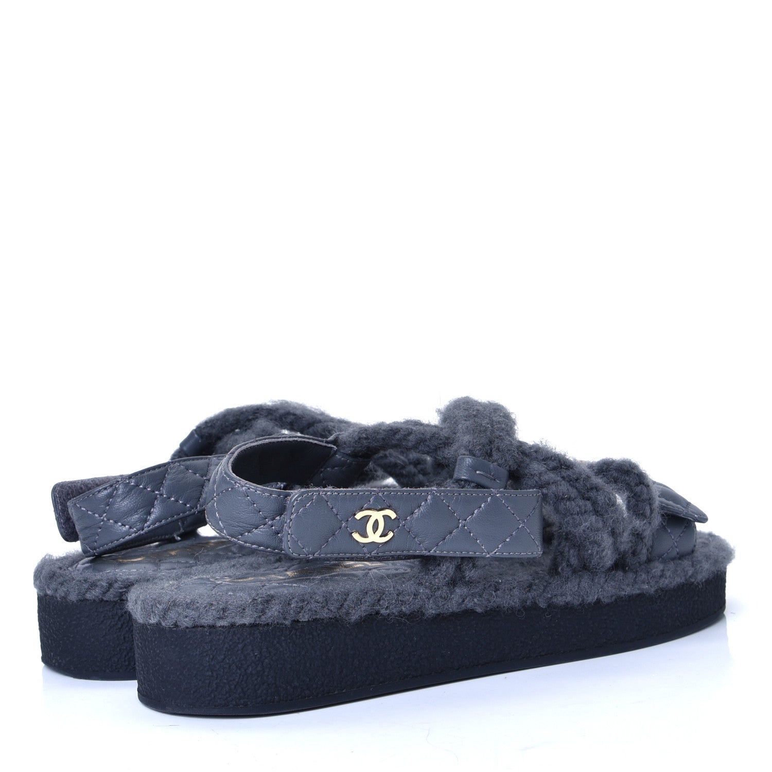 Chanel Cord Lambskin Quilted Logo Sandals 36 Dark Grey 3 of 4