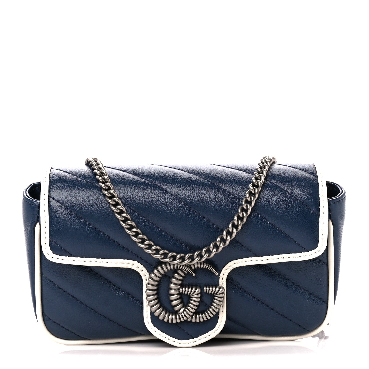Gucci Vintage Effect Calfskin Matelasse Diagonal Super Mini Torchon GG Marmont Shoulder Bag Blue Agata Mystic White 1 of 11