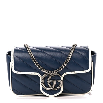 Gucci Vintage Effect Calfskin Matelasse Diagonal Super Mini Torchon GG Marmont Shoulder Bag Blue Agata Mystic White 1 of 11