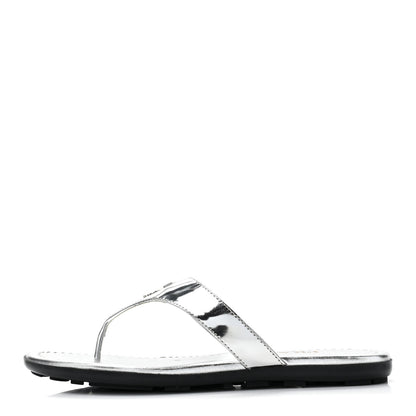 Prada Metallic Calfskin Logo Thong Sandals 35.5 Silver 1 of 9