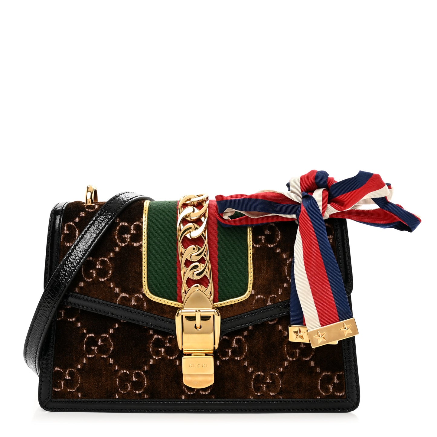Velvet GG Monogram Web Small Sylvie Shoulder Bag Brown Black Oro Vecchio