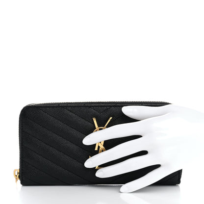 Saint Laurent Grain De Poudre Matelasse Chevron Monogram Zip Around Wallet Black 2 of 7