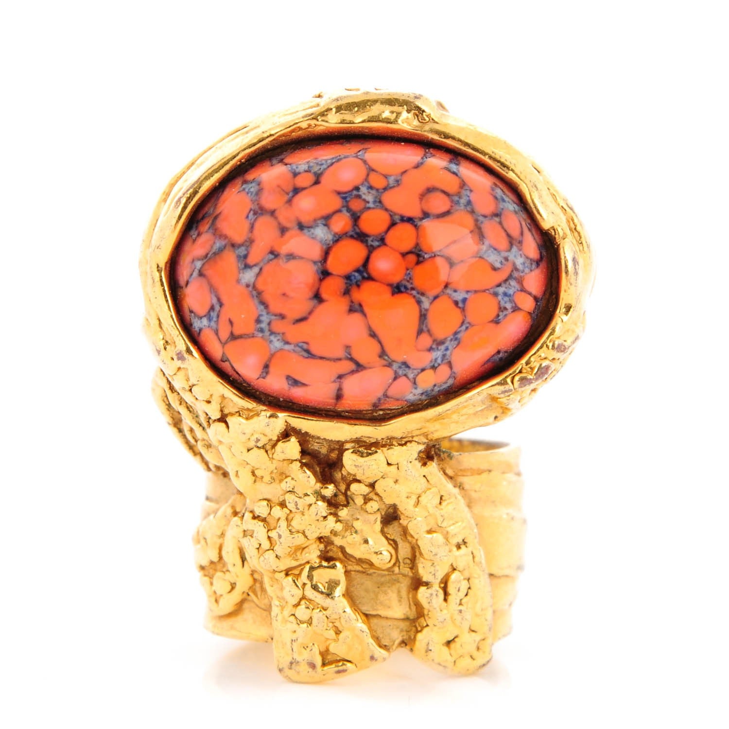 Saint Laurent Glass Cabochon Arty Ovale Ring 7 Gold Coral 1 of 5