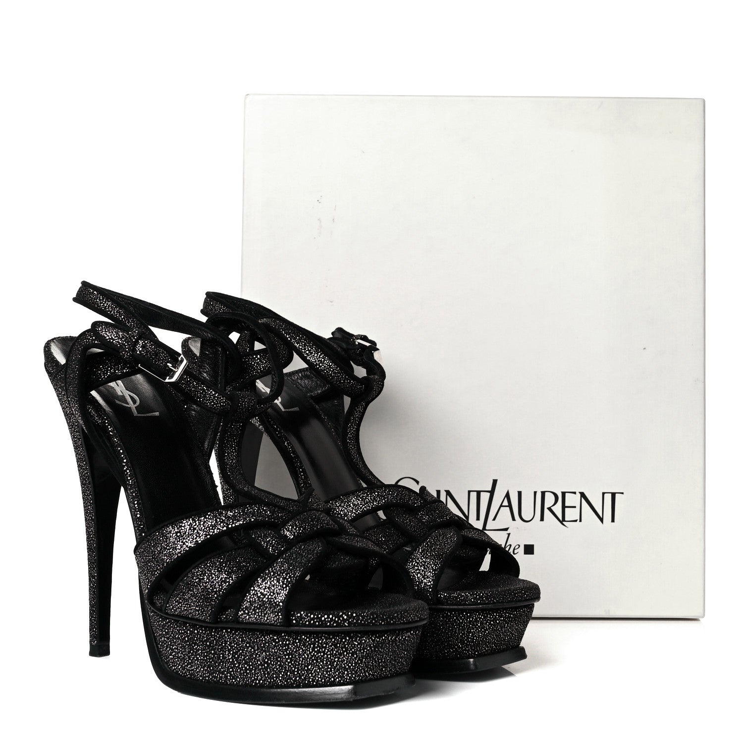 Saint Laurent Glitter Effect Calfskin Tribute 105 Platform Sandals 41 Black 8 of 8