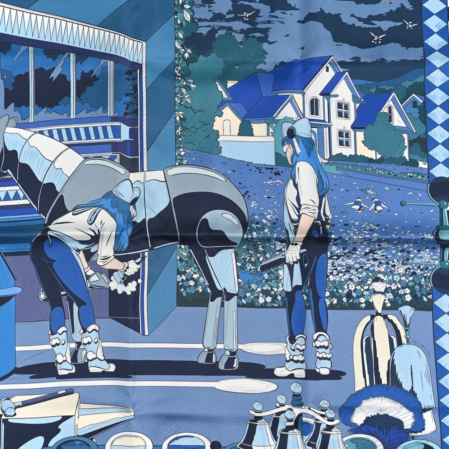Silk Pony Pit Stop Double Face Scarf 90 Bleu Cobalt Blanc