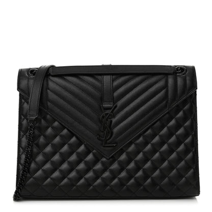 Saint Laurent Grain De Poudre Textured Mixed Matelasse Large Triquilt Monogram Monochrome Satchel Black 1 of 10