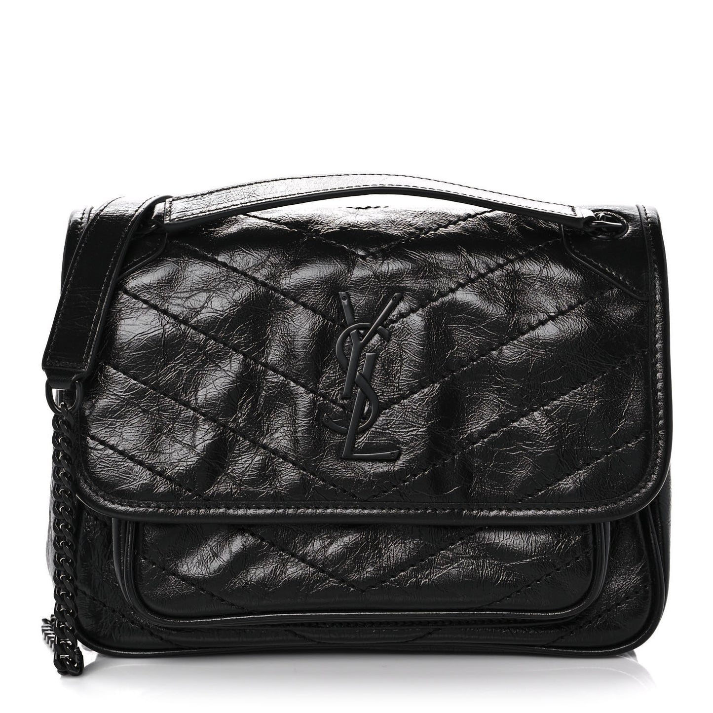 Crinkled Calfskin Matelasse Monogram Baby Niki Chain Satchel Black