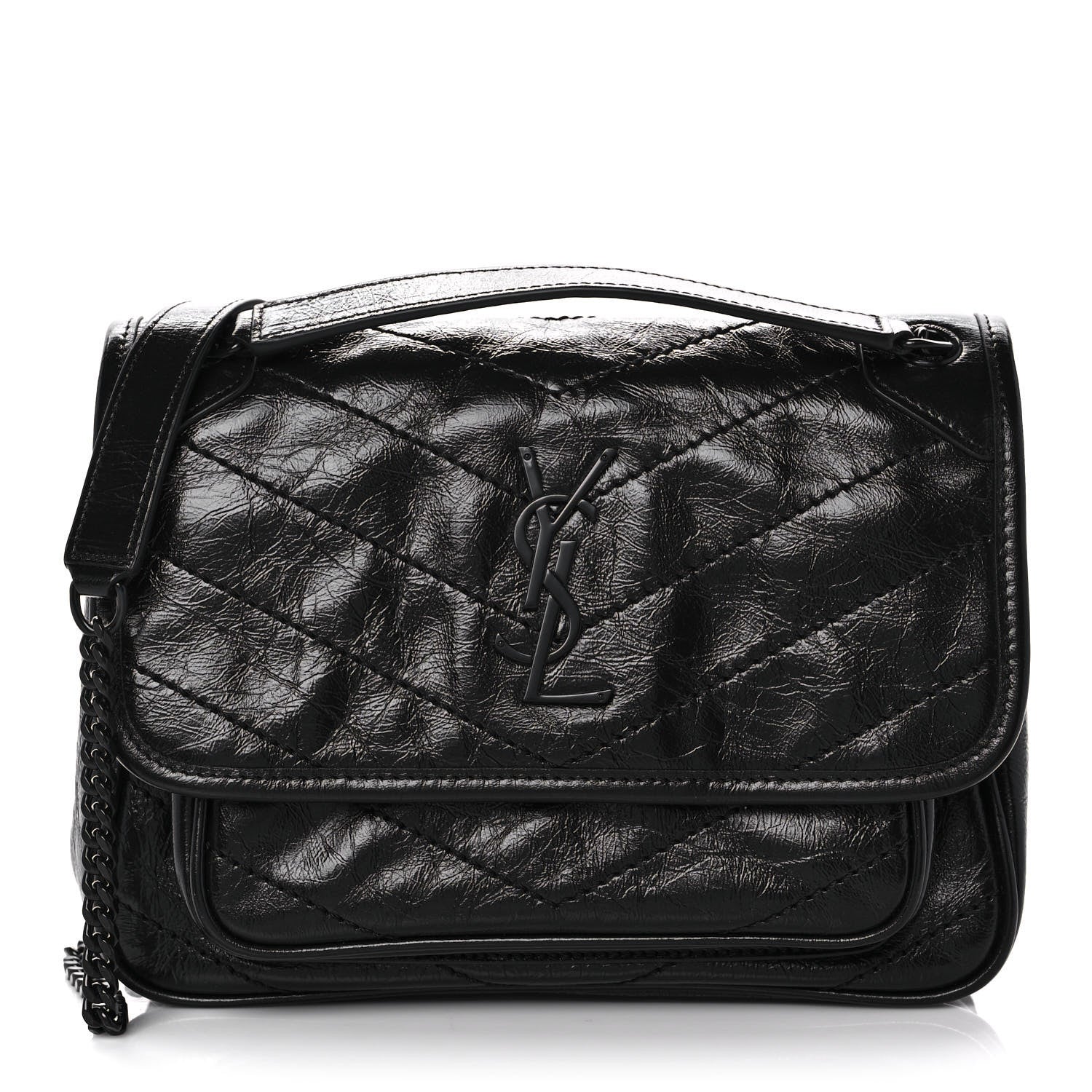 Saint Laurent Crinkled Calfskin Matelasse Monogram Baby Niki Chain Satchel Black 1 of 10