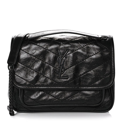 Saint Laurent Crinkled Calfskin Matelasse Monogram Baby Niki Chain Satchel Black 1 of 10