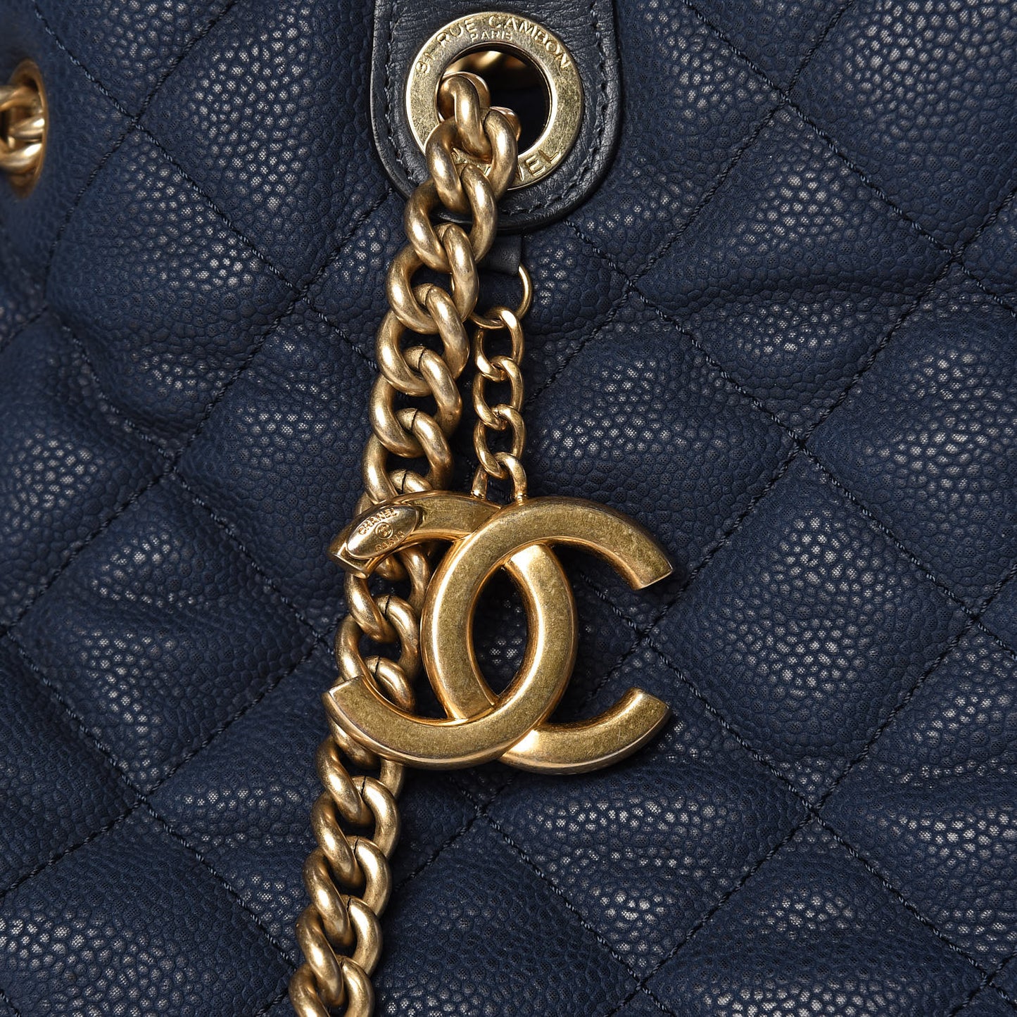 Iridescent Caviar Quilted Globe Trotter Shopping Tote Navy Blue
