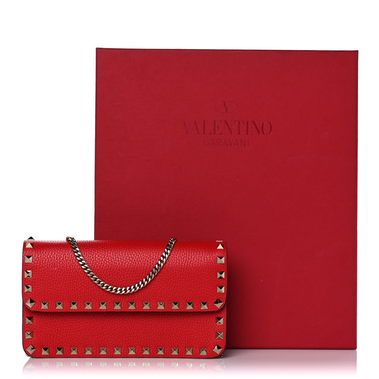 Valentino Garavani Pebbled Calfskin Rockstud Flap Wallet On Chain Rouge Pur 15 of 15