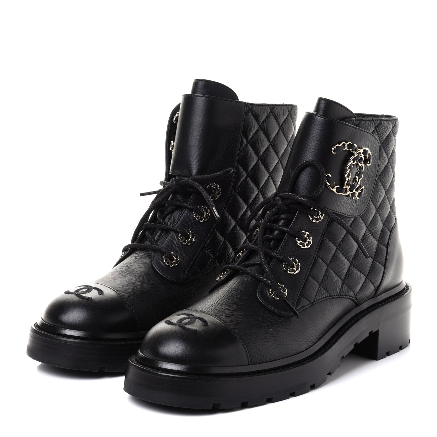 Shiny Goatskin Calfskin Quilted Lace Up Combat Boots 39 Black