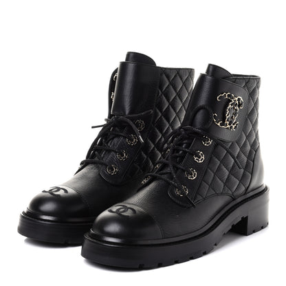 Chanel Shiny Goatskin Calfskin Quilted Lace Up Combat Boots 39 Black 3 of 10