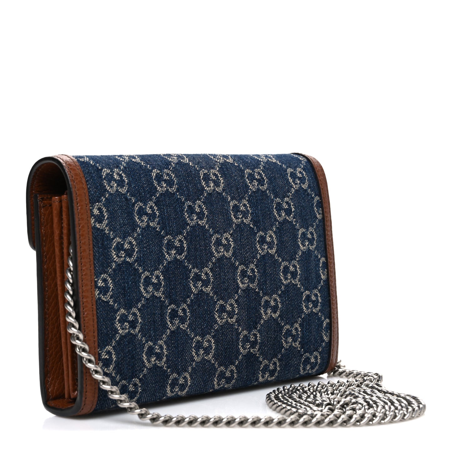 New Denim GG Monogram Dollar Calfskin Enamel Mini Dionysus Chain Wallet Blue Tea Cuir Epilog Electric Blue