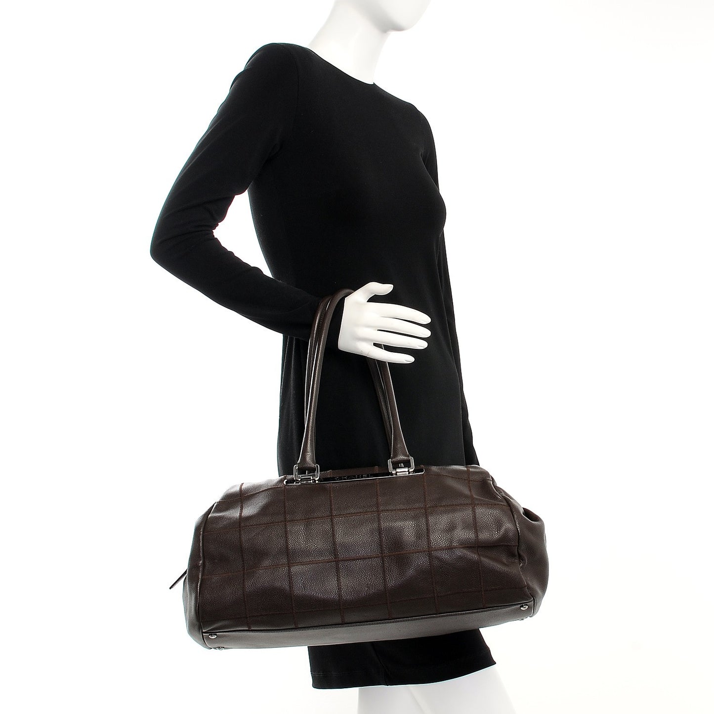 Caviar Square Stitched Large Satchel Dark Brown