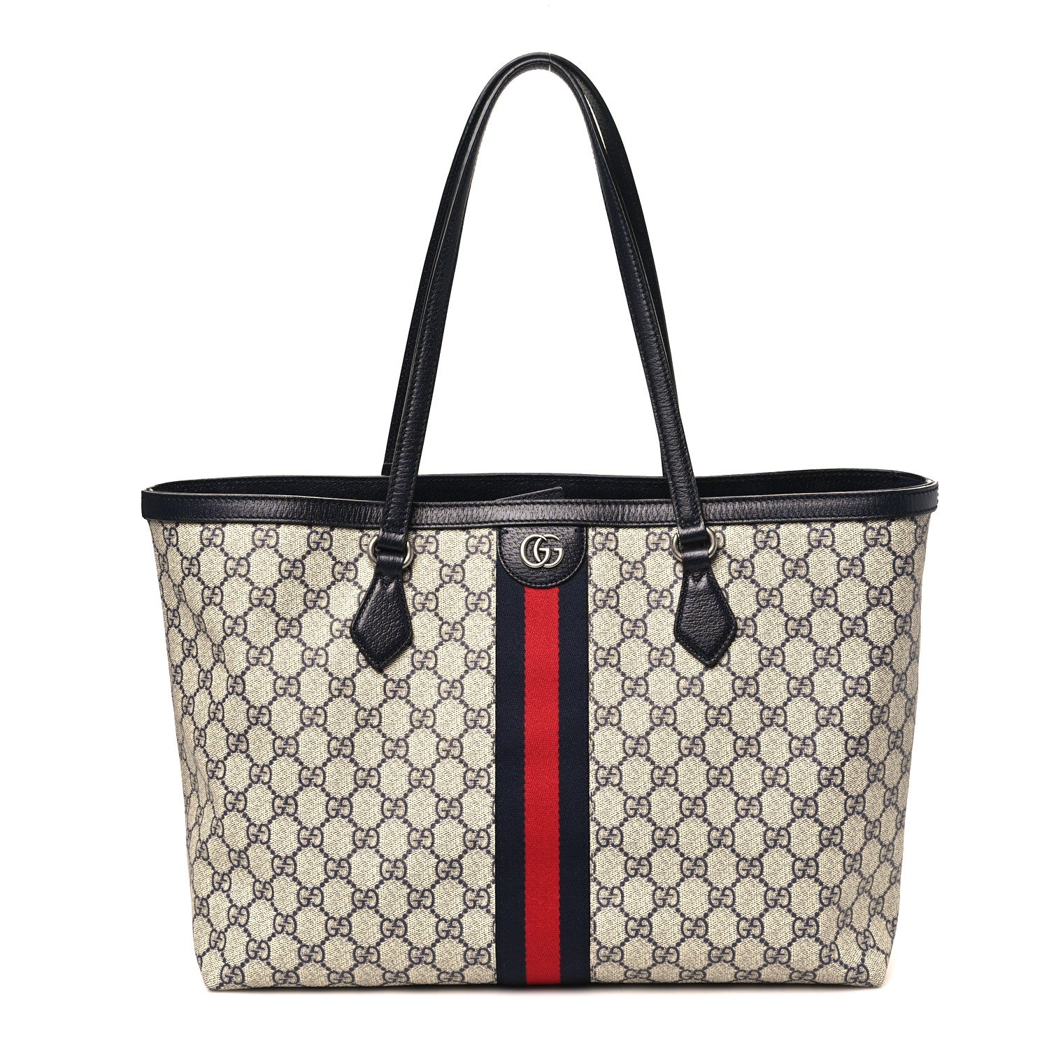 Gucci GG Supreme Monogram Textured Calfskin Web Medium Ophidia Shopping Tote Beige Blue 1 of 10