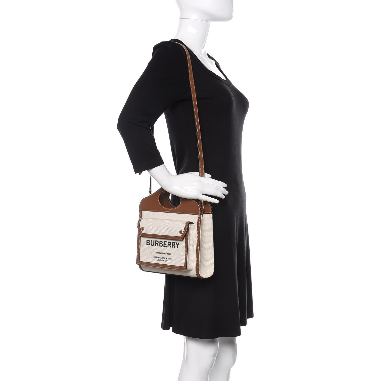 Burberry Canvas Smooth Calfskin Two Tone Mini Pocket Bag Natural Malt Brown 2 of 10