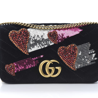 Gucci Velvet Matelasse Crystal Sequin Heart Embroidered GG Marmont Mini Bag Black 8 of 12