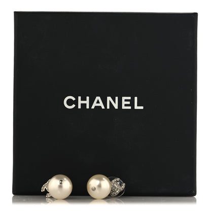 Chanel Crystal Pearl CC Drop Earrings Silver Pearly White 5 of 5