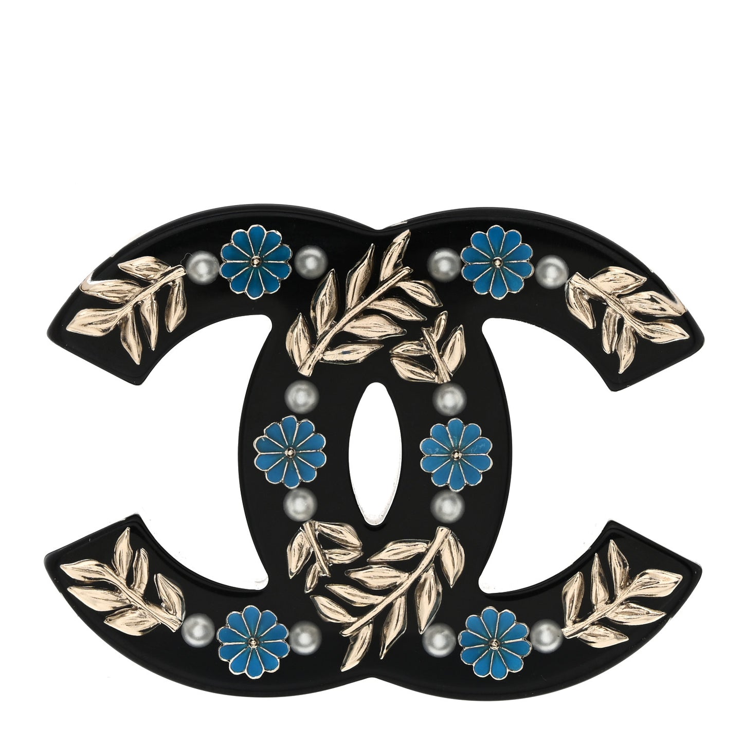 Resin Pearl Enamel Flower CC Brooch Black Blue Gold