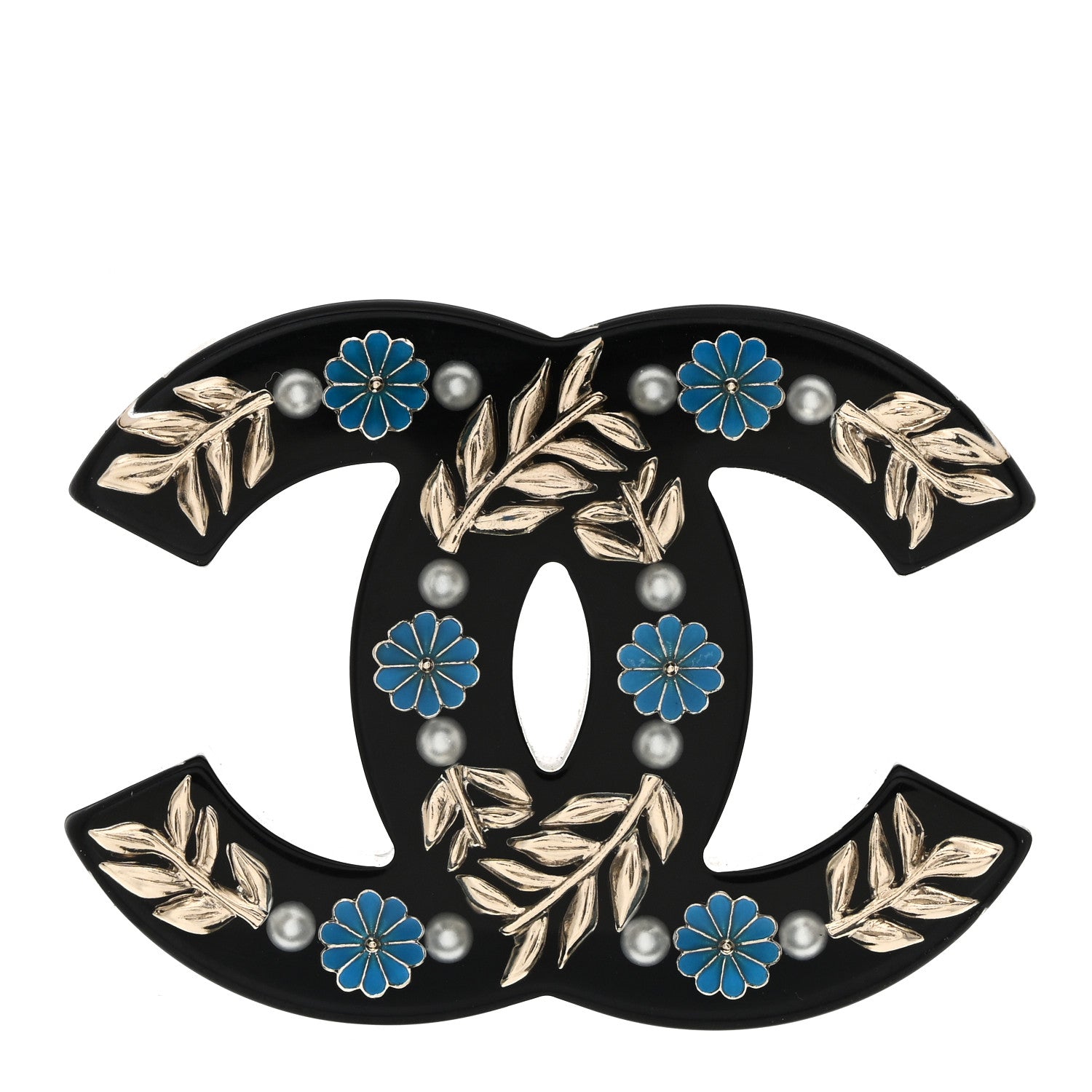 Chanel Resin Pearl Enamel Flower CC Brooch Black Blue Gold 1 of 5