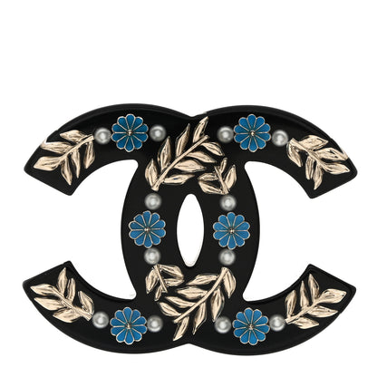 Chanel Resin Pearl Enamel Flower CC Brooch Black Blue Gold 1 of 5