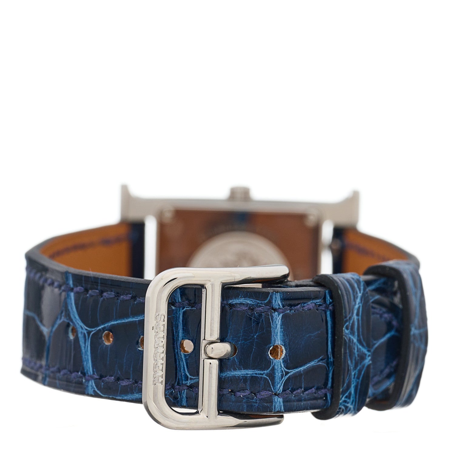 Hermes Stainless Steel Alligator Diamond Pave 21mm Heure H Hour Quartz Watch Bleu Saphir 3 of 6