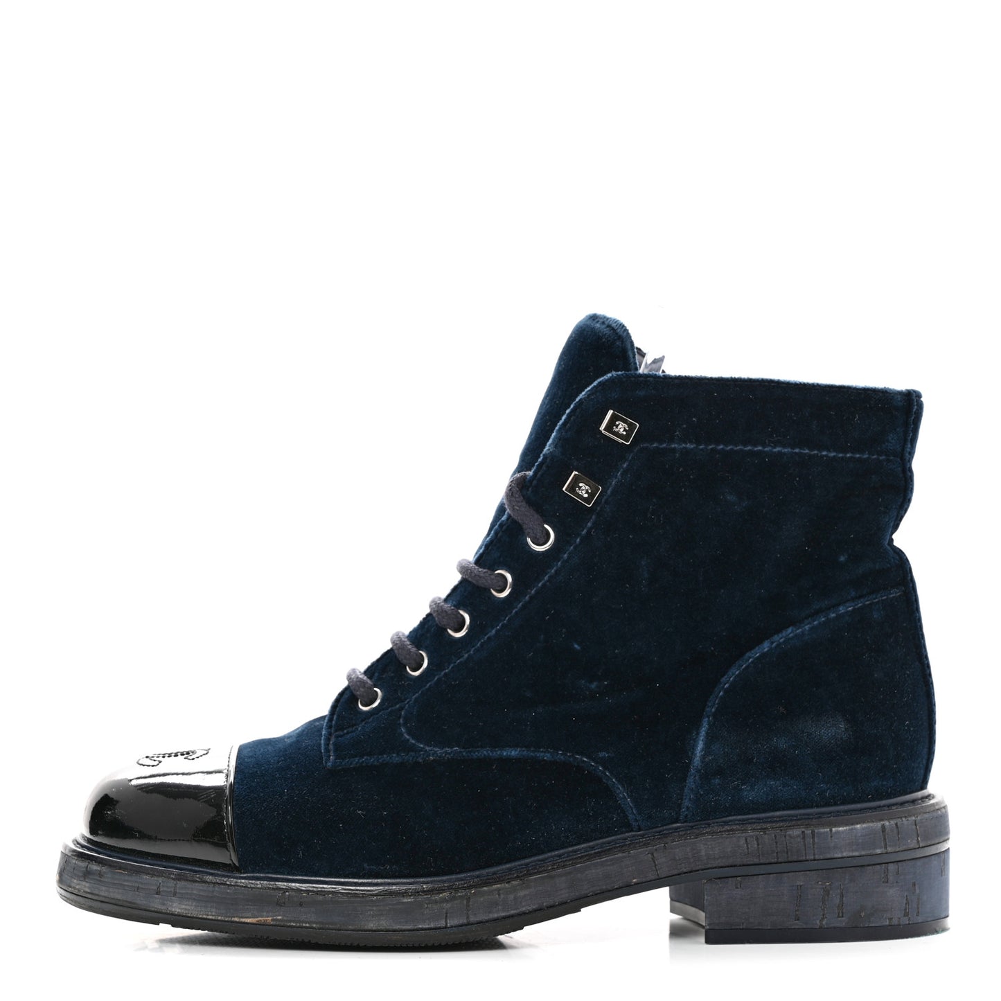 Velvet Patent Calfskin Lace Up Combat Boots 39.5 Blue Black