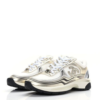 Chanel Fabric Laminated Calfskin Stretch CC Sneakers 37 White Gold Silver 3 of 7