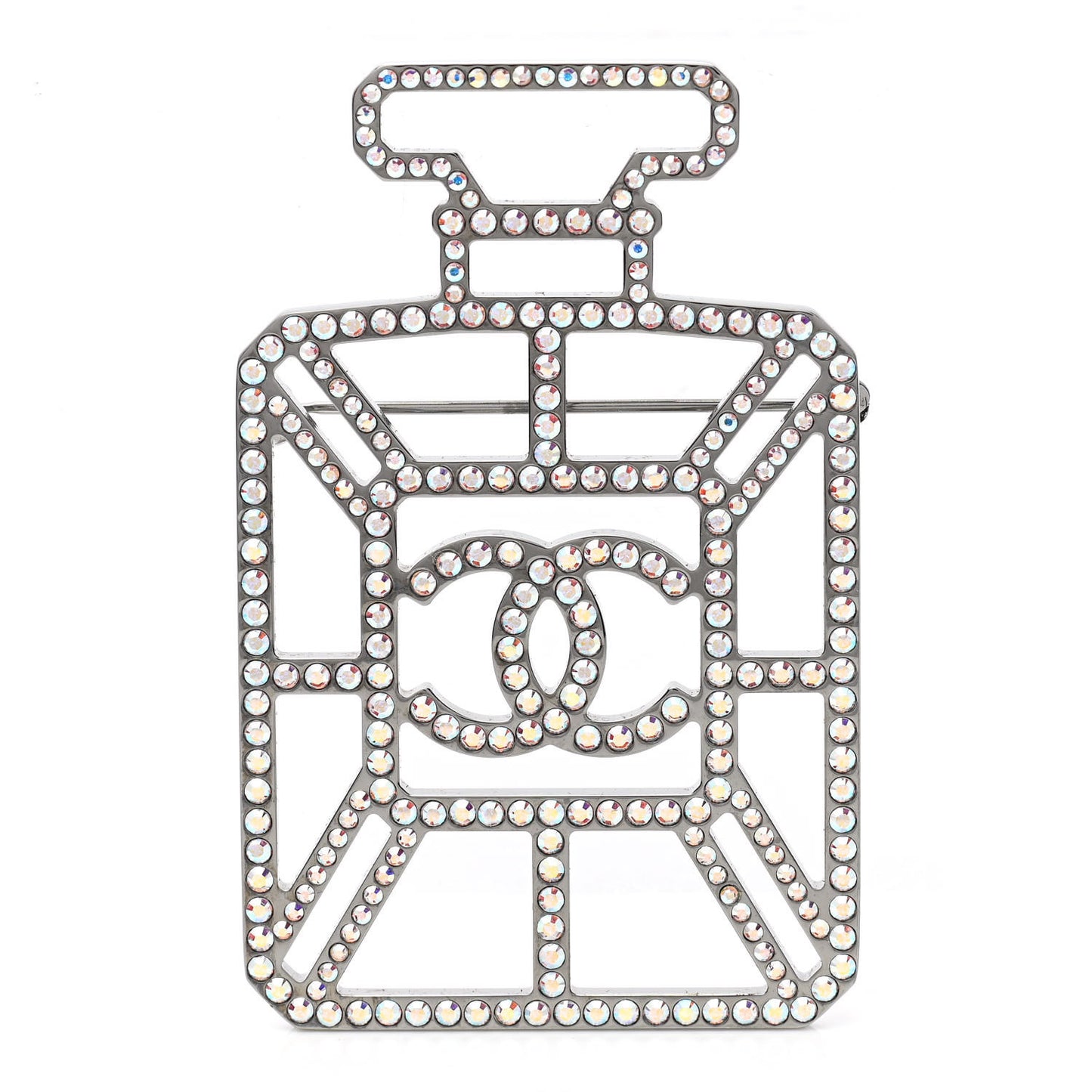 Ruthenium Crystal Perfume Bottle CC Brooch Iridescent Blue