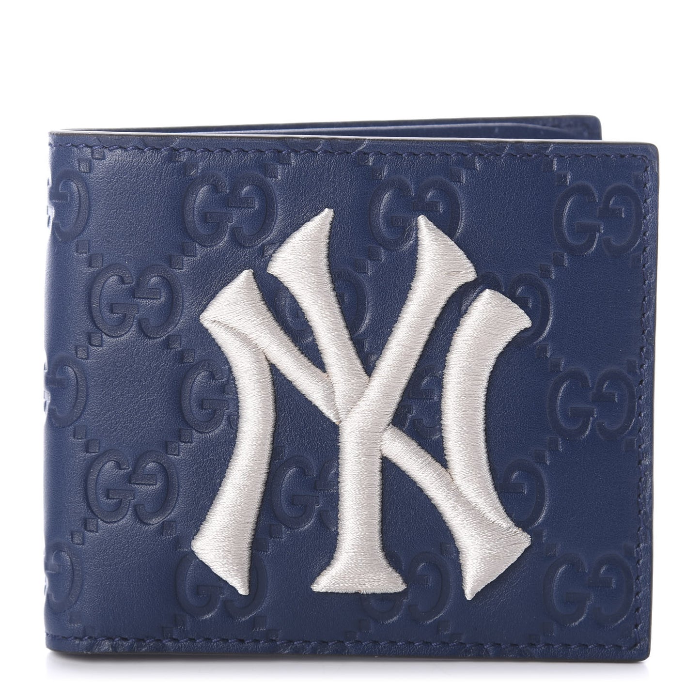 X MLB Guccissima Signature NY Yankees Embroidered Bi-Fold Wallet Royale Ivory