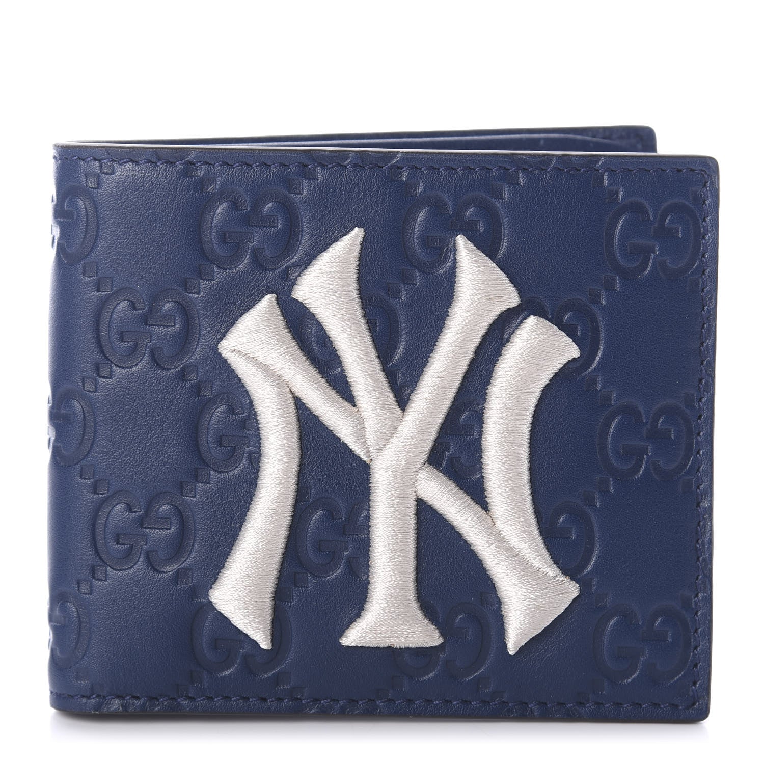 Gucci X MLB Guccissima Signature NY Yankees Embroidered Bi-Fold Wallet Royale Ivory 1 of 5