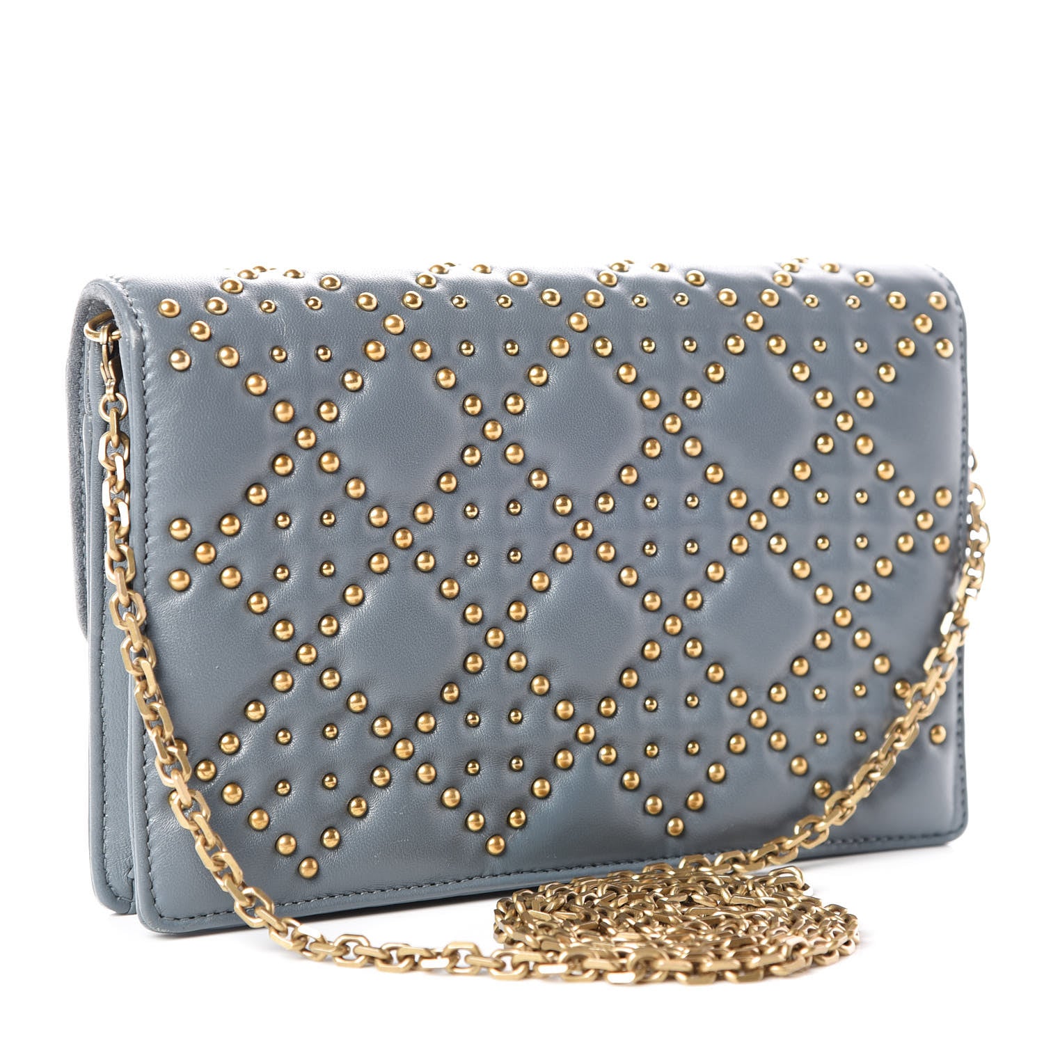 Christian Dior Lambskin Cannage Studded Dioraddict Wallet on Chain Clutch Grey Blue 3 of 9