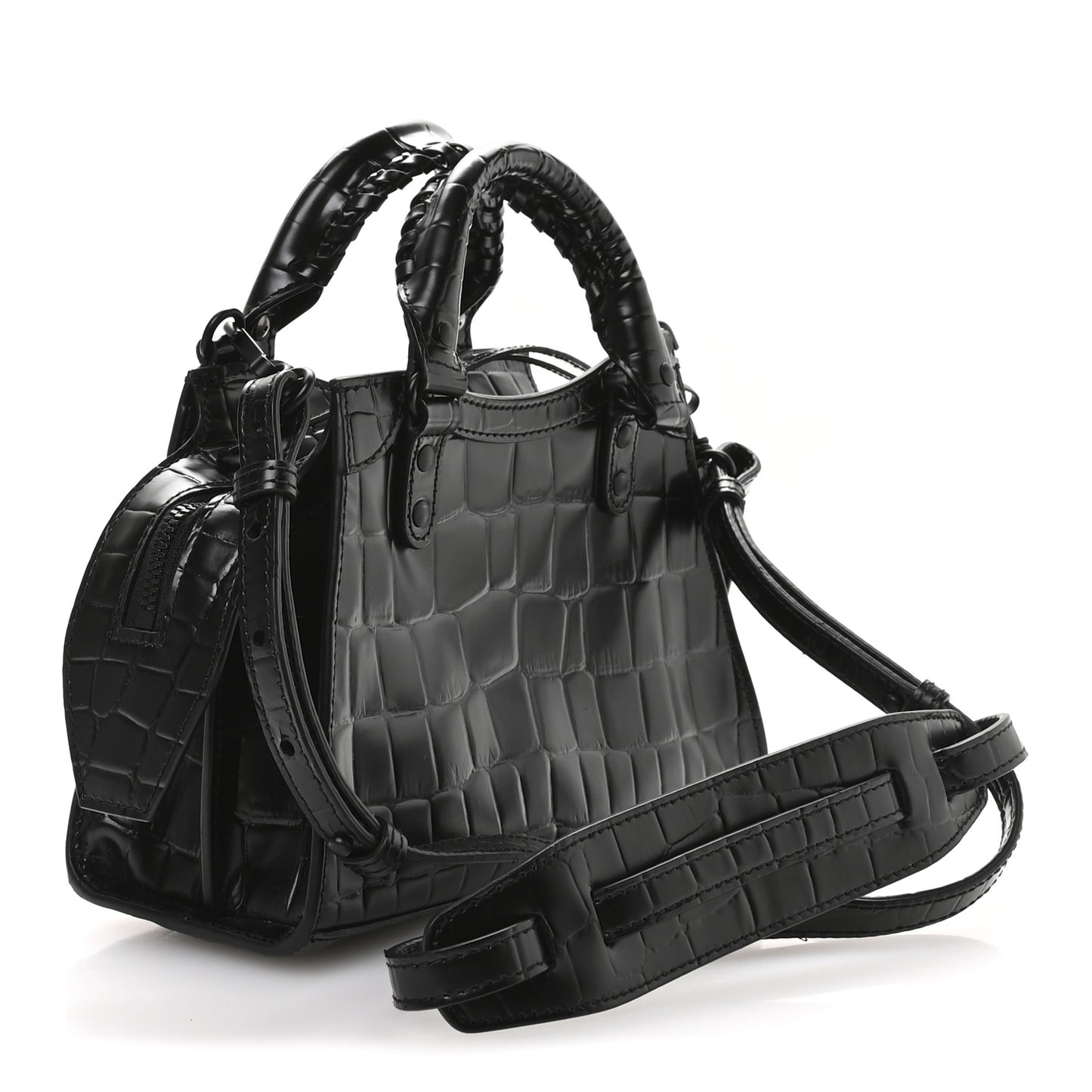 Semi Shiny Calfskin Crocodile Embossed Neo Classic Black Hardware Mini City Black