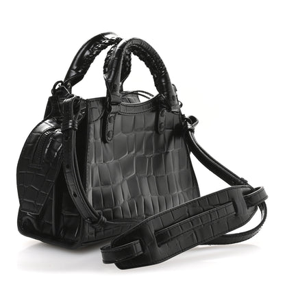Balenciaga Semi Shiny Calfskin Crocodile Embossed Neo Classic Black Hardware Mini City Black 3 of 12